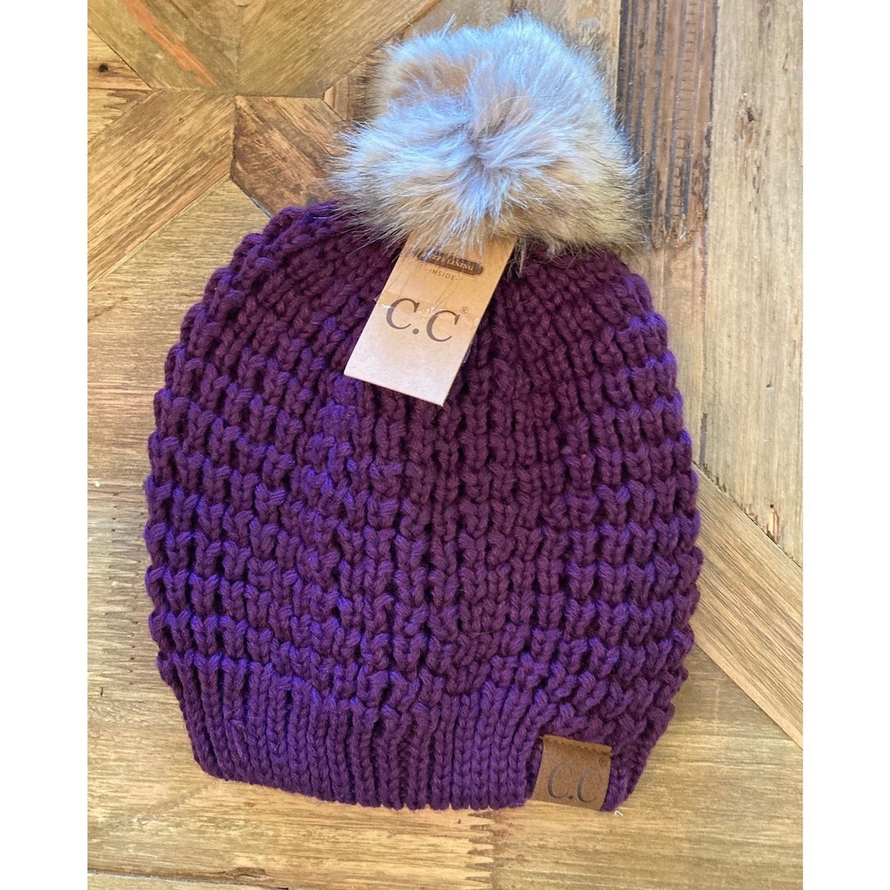 C.C. Purple Chunky Knit Beanie Hat OS New Cozy Apres Ski Winterwear Cabincore